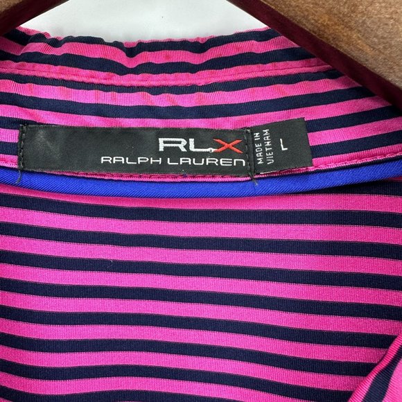 RLX Ralph Lauren Polo Shirt Mens Stripe Short Sleeve Logo Pga West Pink Navy L - Picture 8 of 10